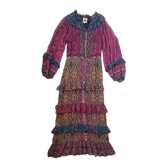 Farm Rio Beaded Tassel Tapestry Maxi Dress - Balloon Sleeves - Multicolor - XS - Picture 3 of 9